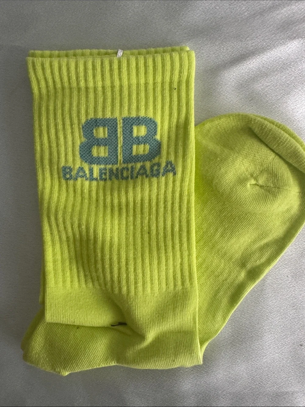 New! Balenciaga Neon Yellow Logo Ribbed Crew Socks